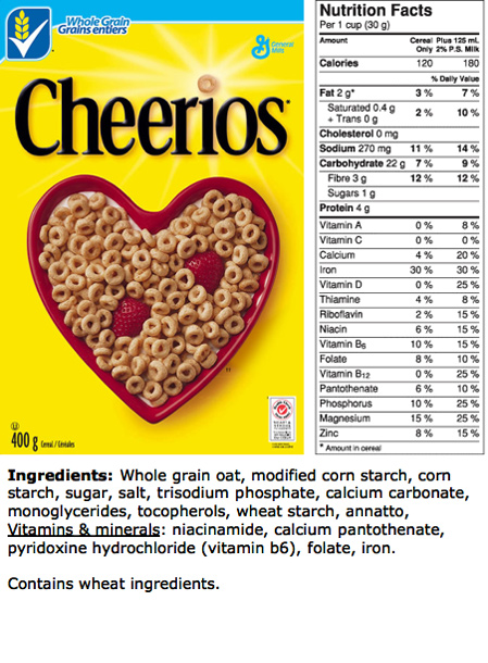 Cheerios Nutrition: Ingredients label