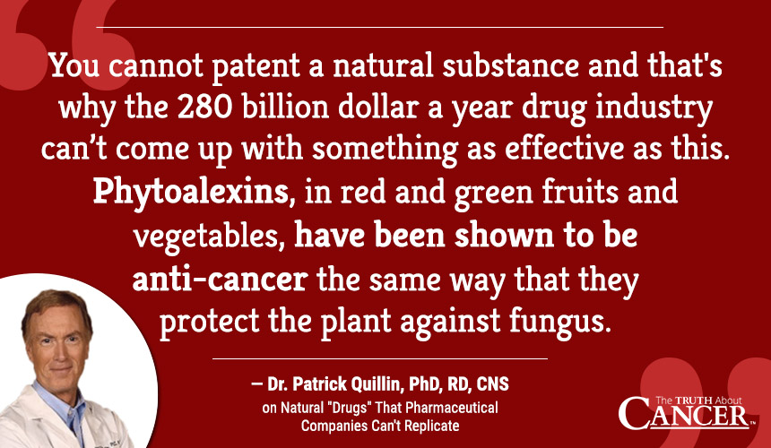 That’s why the 280 billion dollar a year drug industry can’t come up with something as effective as this. Phytoalexins, in red and green fruits and vegetables, have been shown to be anti-cancer the same way that they protect the plant against fungus.