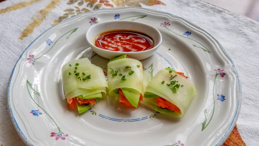 keto recipe - cucumber rolls made with very thinly sliced cucumber