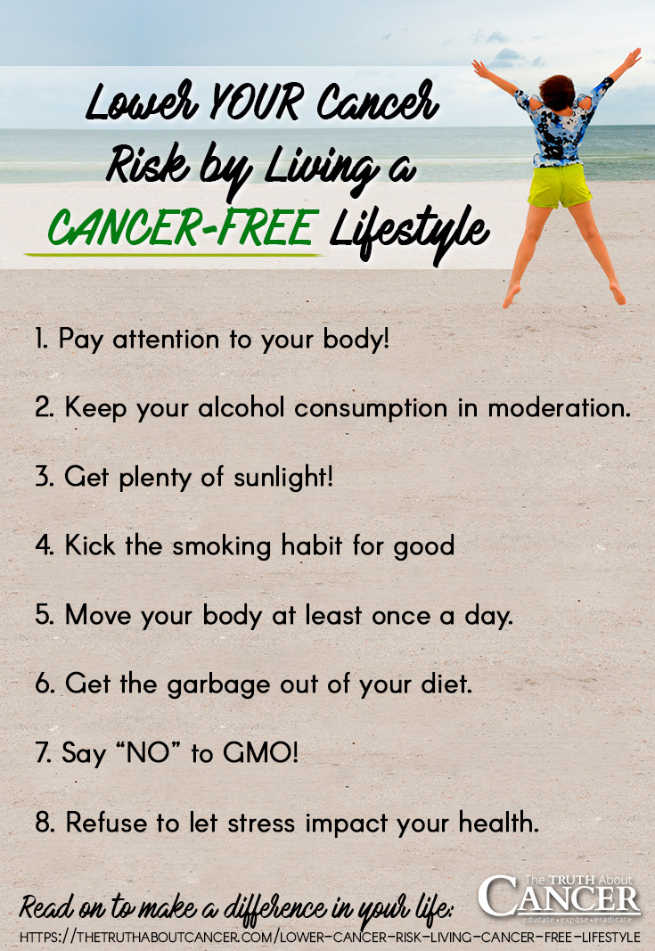 Lower Your Cancer Risk by Living a Cancer-Free Lifestyle. 8 steps to lower your cancer-risk by The Truth About Cancer.