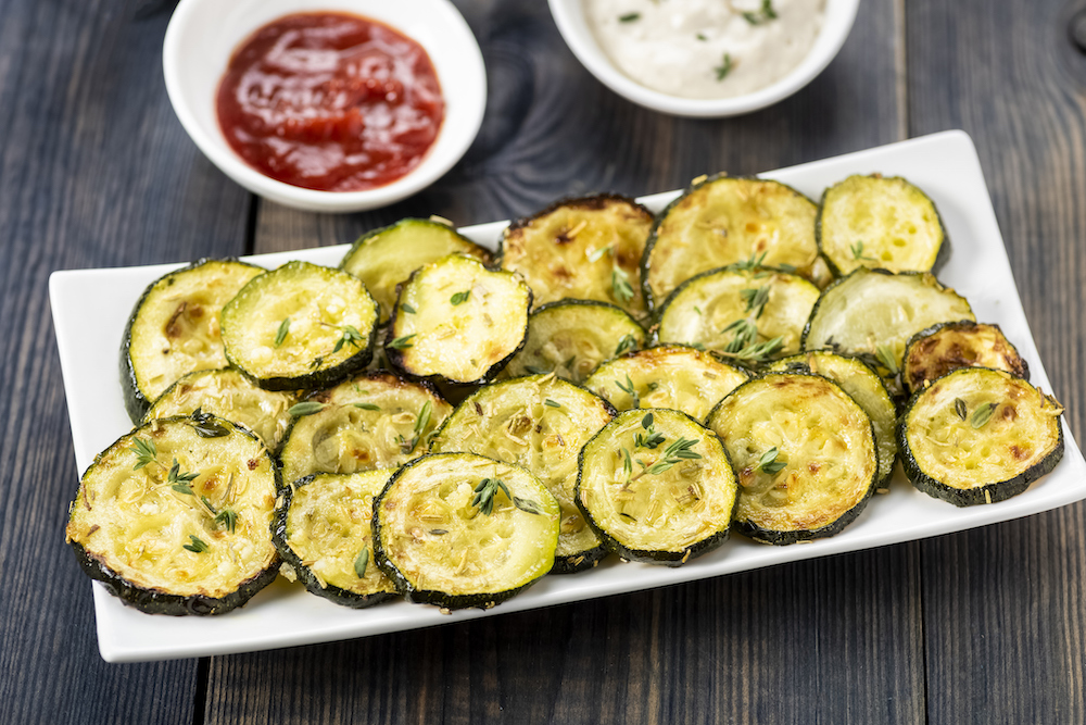 healthy keto snack - zucchini chips and sauces